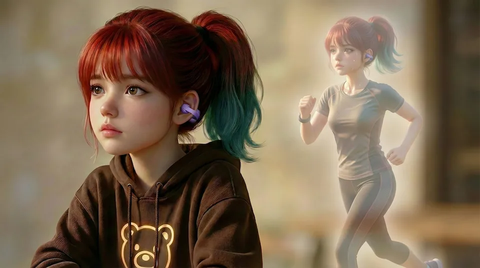 LinkBuds Clipのスペック表やアプリ画面を指差して解説する女性