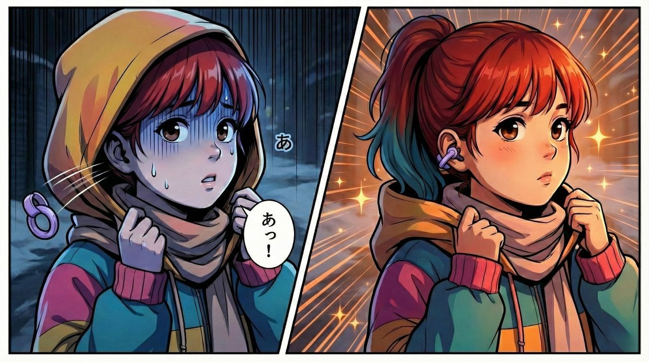 パーカーのフードに引っかかるHUAWEI FreeClipと、固定されて動じないSony LinkBuds Clipの比較イラスト