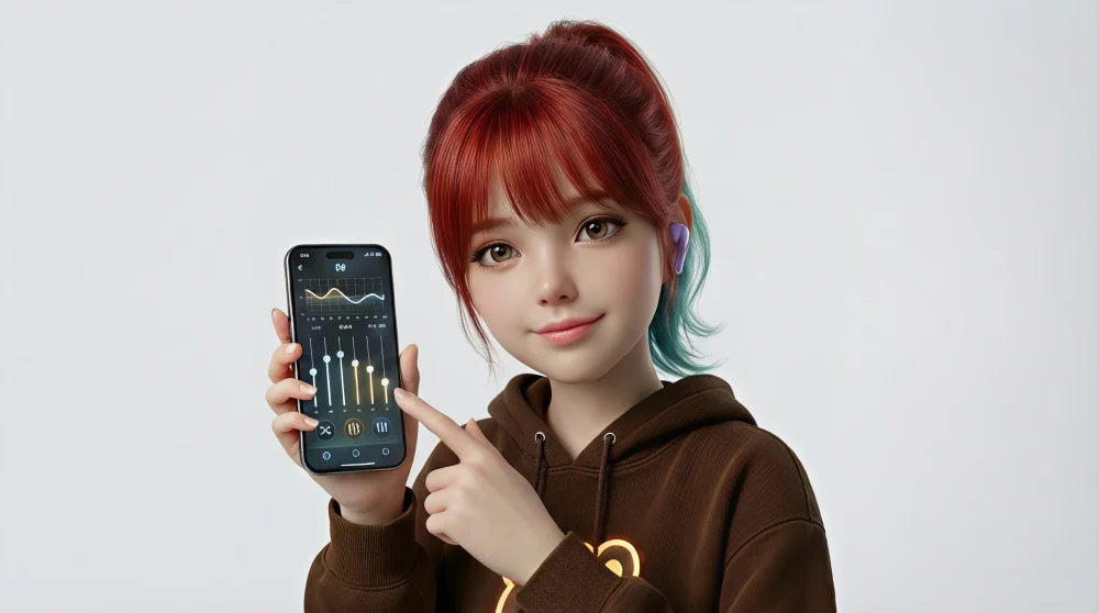 LinkBuds Clipのスペック表やアプリ画面を指差して解説する女性