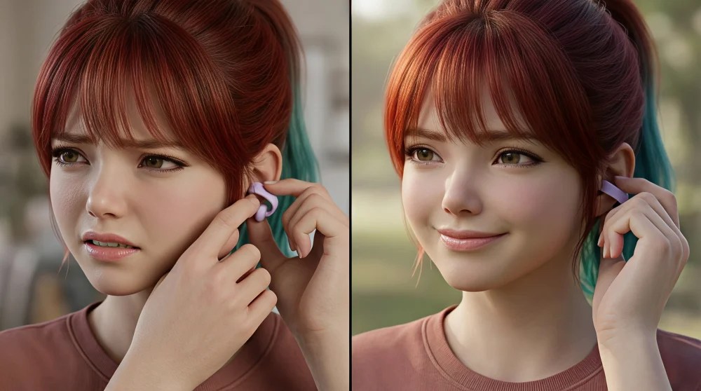 イヤホンを耳から外しても音楽が止まらず、少し焦りながらケースを探す様子