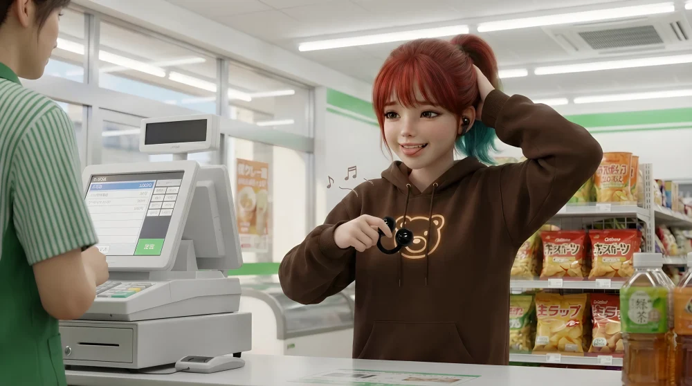 LinkBuds Clipには装着検知がないため、耳から外しても音が止まらず慌ててケースにしまう様子のイラスト。