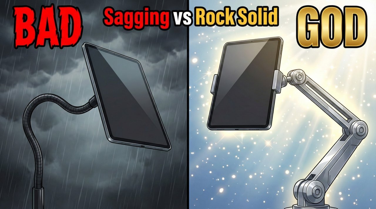 寝ながらタブレットアームの比較アイキャッチ。左は垂れ下がる安物、右はガッチリ固定された最強のメカニカルアーム。