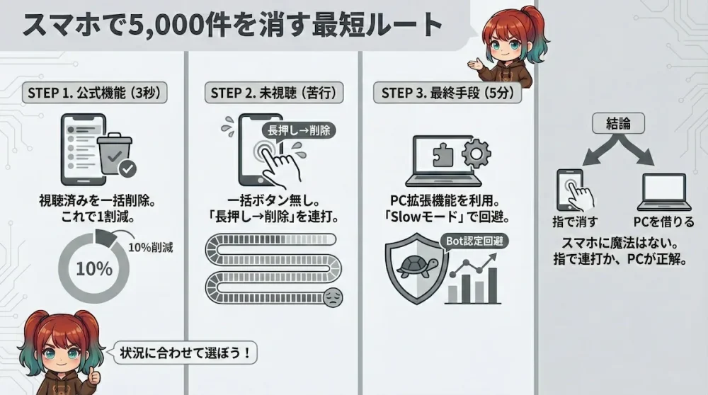 スマホでYouTube後で見るリストを整理する3ステップの縦長図解
