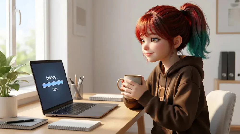 PCの拡張機能を使って自動削除を進めながらコーヒーを飲んでリラックスしている様子