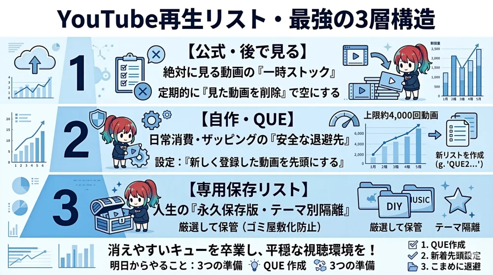 YouTubeのキューが突然消滅するバグや「▶︎マーク迷子」に悩んでいませんか?本記事では、自作リスト「QUE」を使った泥臭くも確実な退避運用術と、「後で見る」機能との絶対に混同してはいけない使い分け3層構造を徹底解説します。