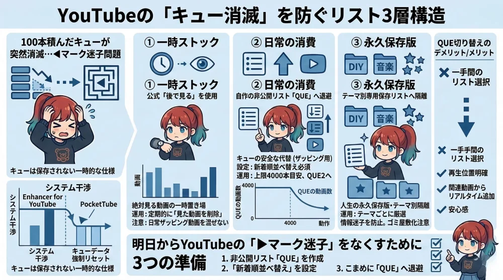 YouTubeの再生リストの3層構造を解説している女性の図解