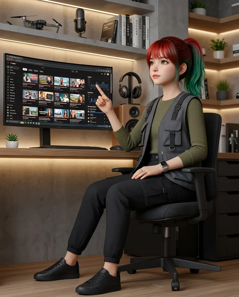 YouTubeの再生リストの3層構造を解説している女性の図解