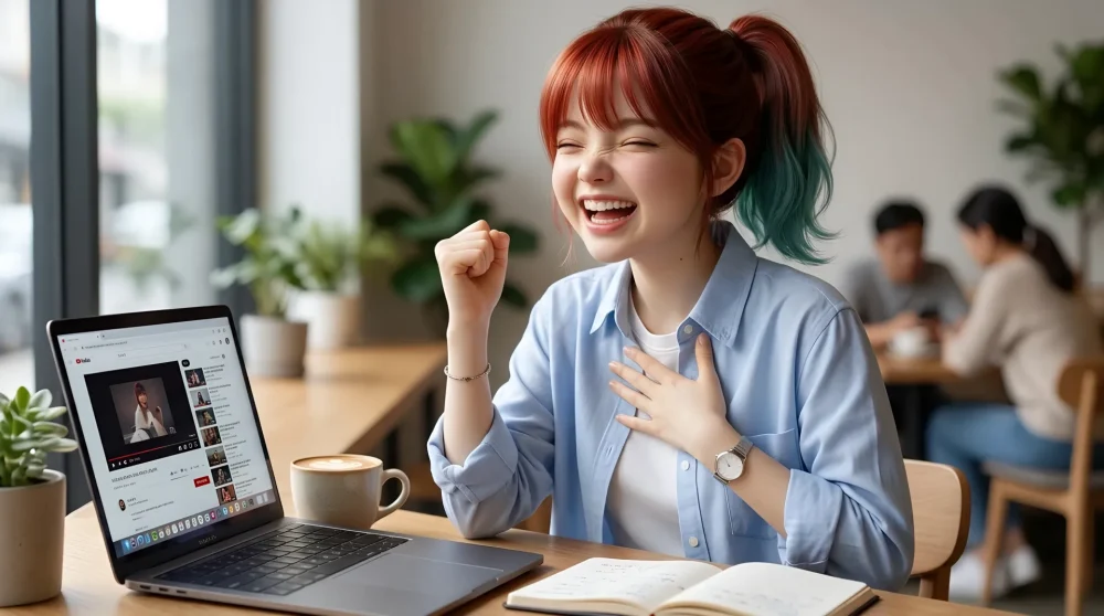 画面右側に綺麗に整列したYouTubeの再生リストを見て、安心した笑顔を浮かべる若い女性