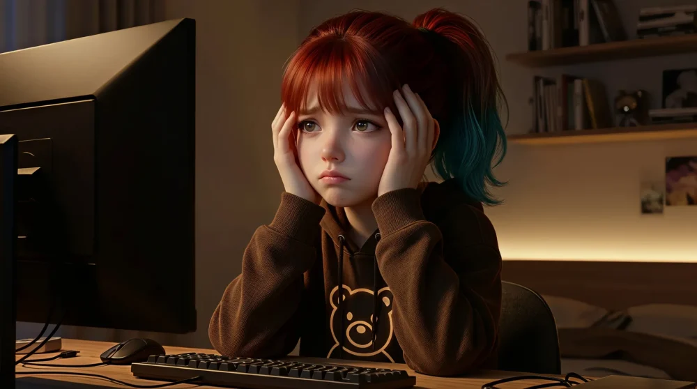 パソコン画面の前でYouTubeのキューが消えてしまい、頭を抱えて悩んでいる若い女性