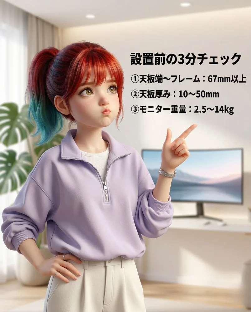 天板端からフレームまでの距離67mm・補強プレート厚さ選定・張力調整の3点を解説するインフォグラフィック