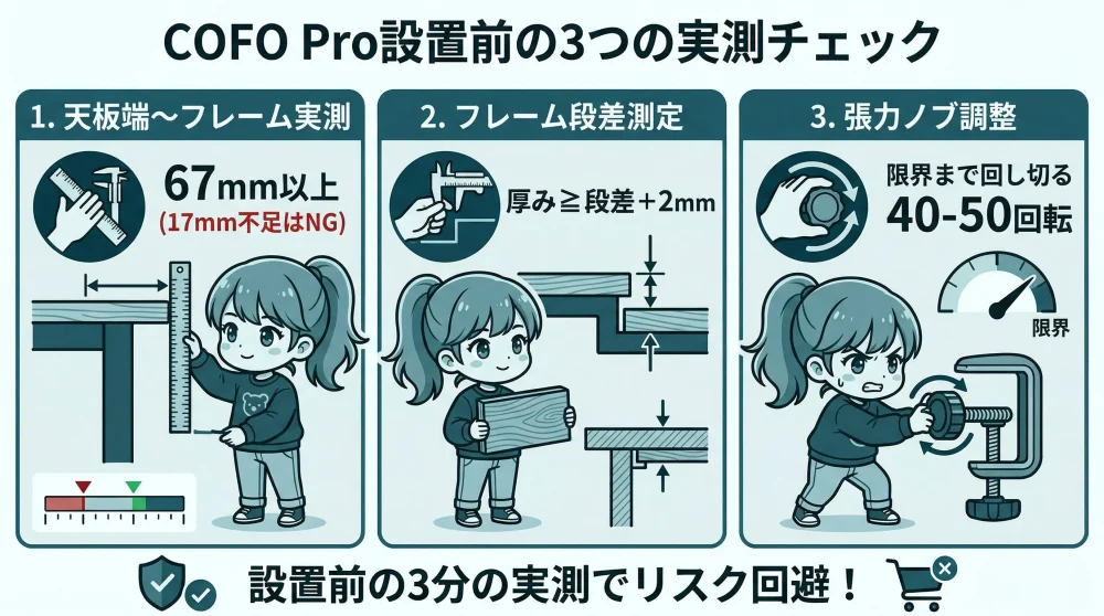 COFO Proモニターアームをスチールフレームデスクに設置するための3ステップ図解(実測・補強・トラブル解消)