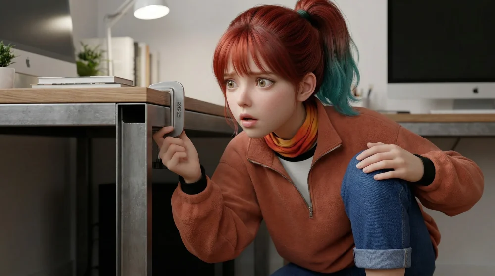 スチールフレームデスクにクランプを当てて干渉を確認しているシーン——COFO Proモニターアーム設置失敗の瞬間