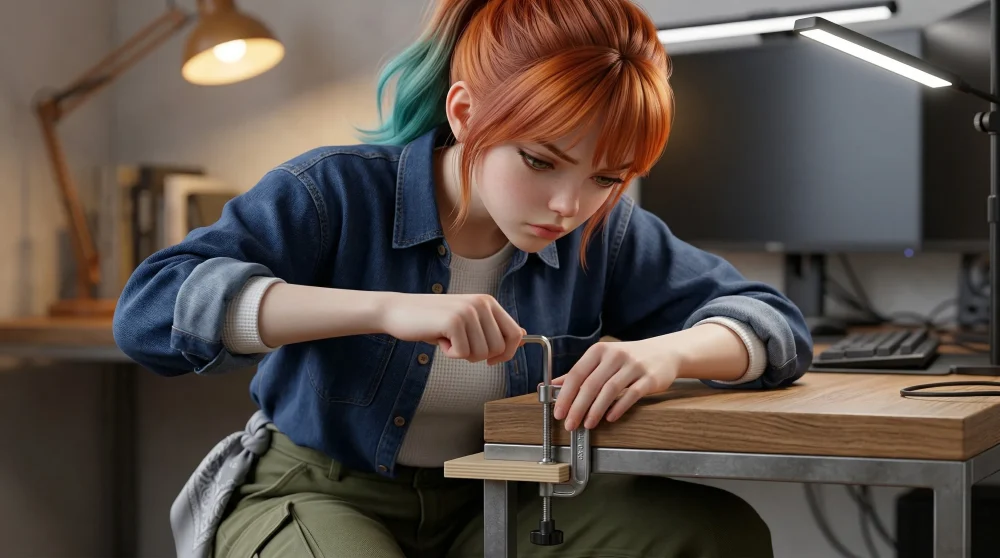 ホームセンターの端材コーナーで杉板の厚みをノギスで確認しているシーン——COFO Pro設置のための補強プレート選定