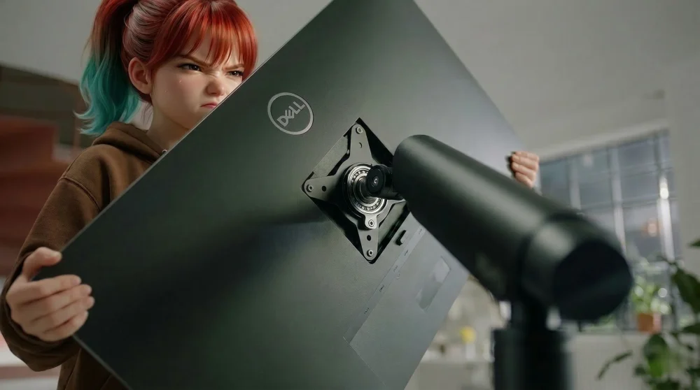 端材プレートを挟んでCOFO Proモニターアームの設置が完了し、27インチモニターが安定稼働している様子を確認する女性