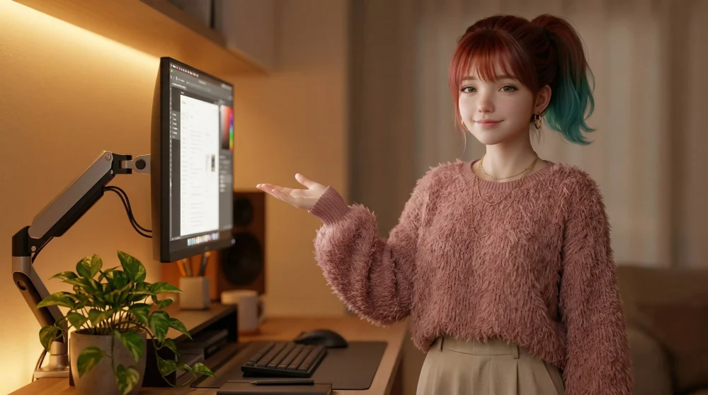 COFO Proモニターアームがスチールフレームデスクに正常設置された後、モニターを見上げて満足している場面