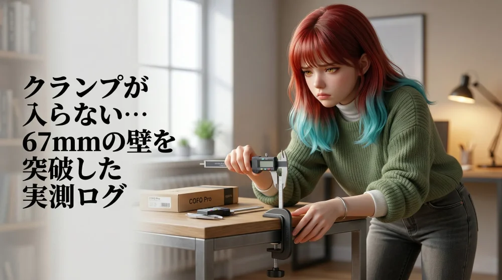 スチールフレームデスクにCOFO Proモニターアームを設置しようとして手が止まった場面——クランプとフレームの干渉を実測で解決した女性